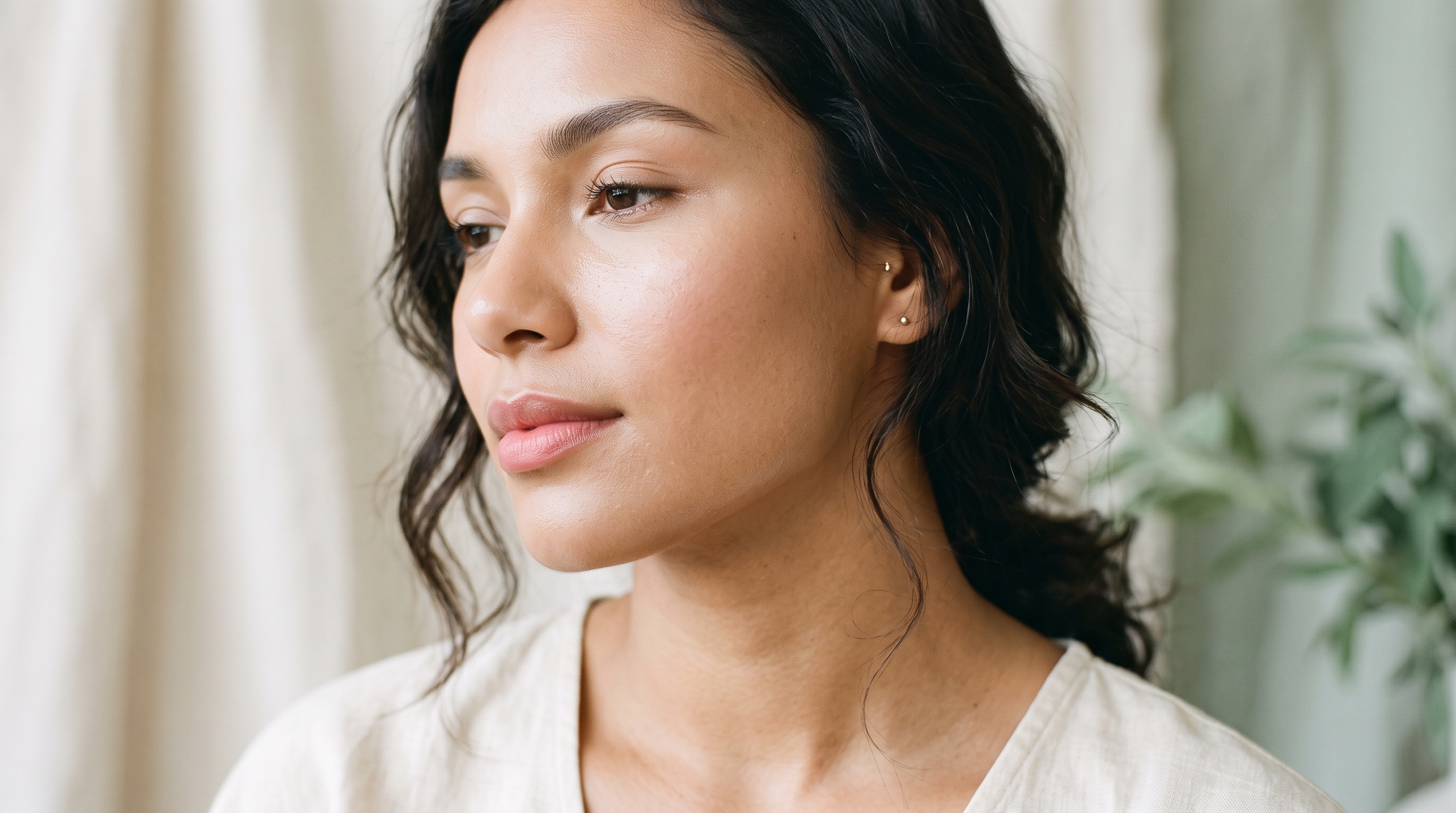 Close-up editorial beauty shot of dewy, balanced skin with visible shine control
