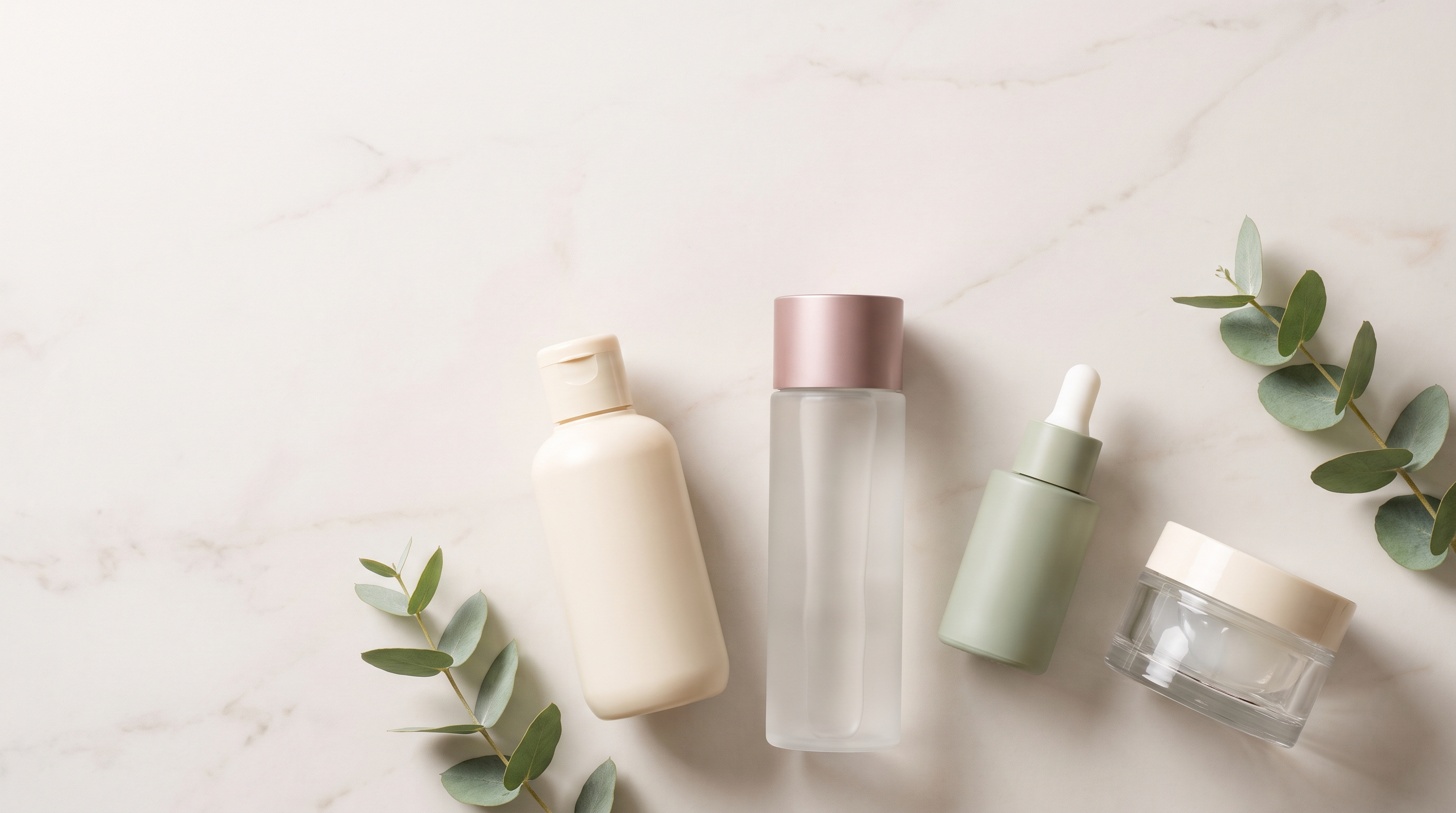 Flat lay of oily-skin skincare products arranged on a marble surface, cream and sage color palette