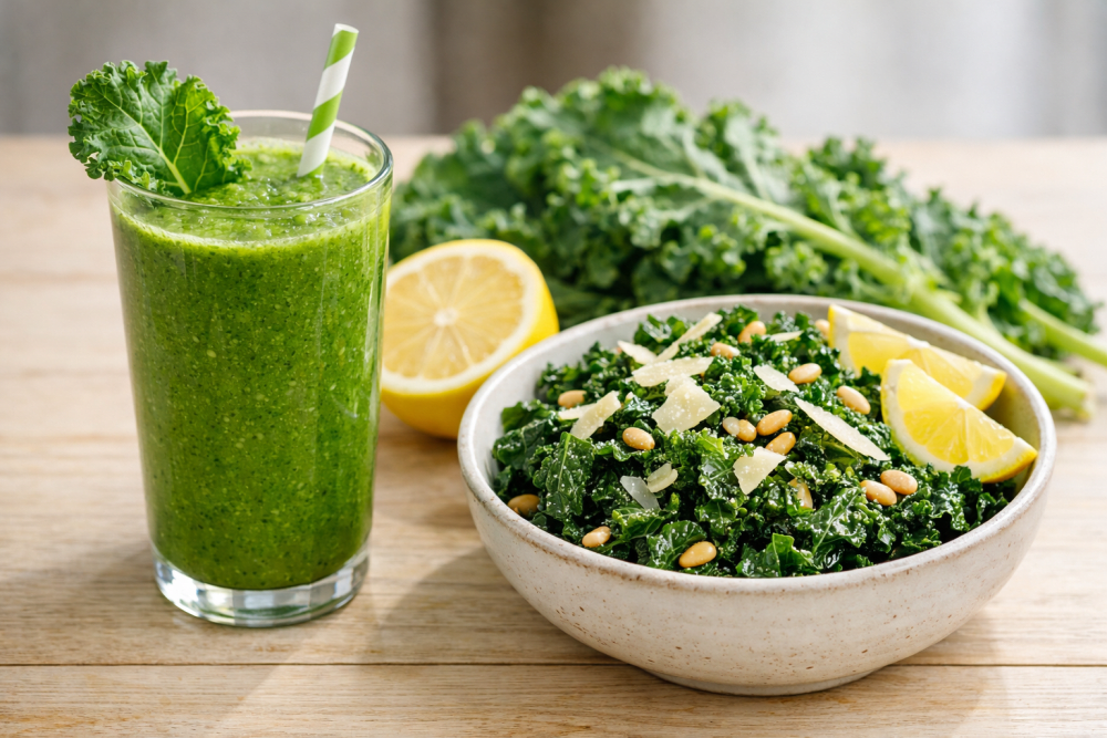 Kale smoothie a masírovaný kelový šalát