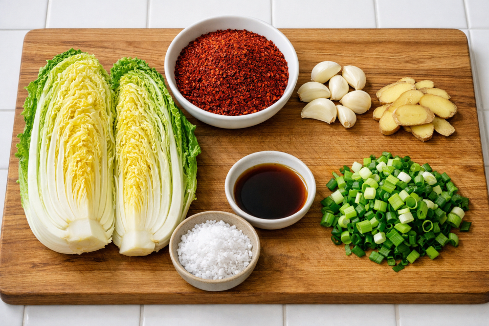 Ingrediencie na domáce kimchi - čínska kapusta, gochugaru, cesnak, zázvor