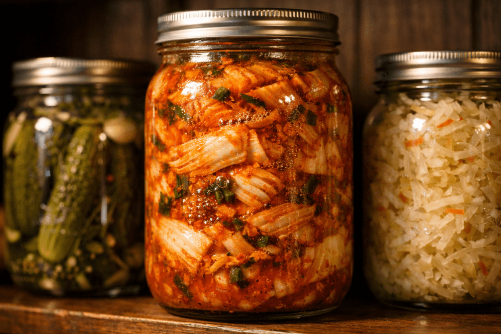 Domáce kimchi v sklenených pohároch počas fermentácie