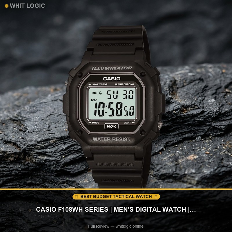 Casio F108WH Series | Men's Digital Watch | Illuminator | Water Resistant | LED Light | Daily Alarm | 1/100 SEC Stopwatch | 3 Hands (HR, Min, SEC) | Date/Day Display | Daily Alarm | 7 Year Battery