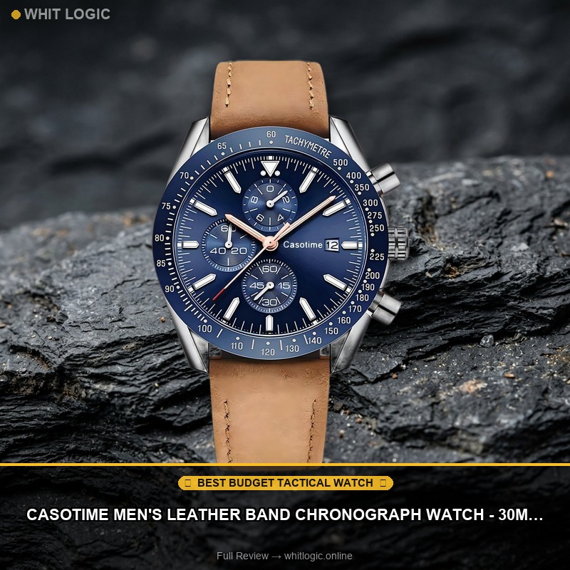 Casotime Men's Leather Band Chronograph Watch - 30M Waterproof Big Face Analog Quartz Date - Work Sport Casual Classical Fashion Designer Dress Wrist Watch - Elegant Gift for Men
