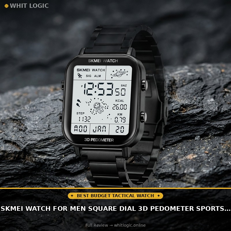 SKMEI Watch for Men Square Dial 3D Pedometer Sports Digital Watch with 50M Waterproof Luminous Countdown Stopwatch Dual Time Display Alarm