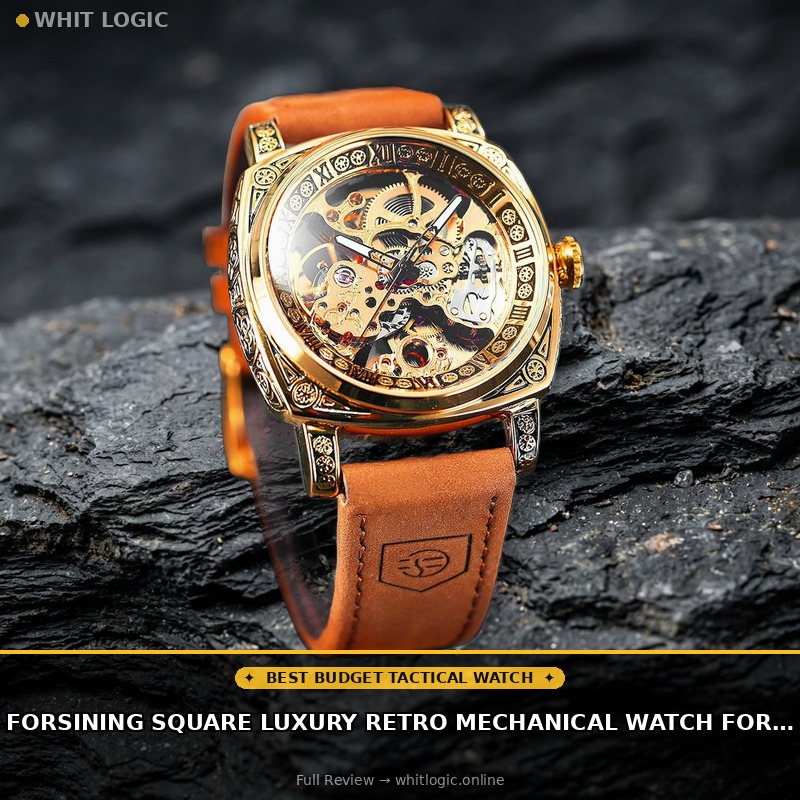 FORSINING Square Luxury Retro Mechanical Watch for Men, Gorgeous Hollow Skeleton Self-Wind Carved Automatic Watches Vintage Leather Strap Wristwatch Silver Dail Black Strap