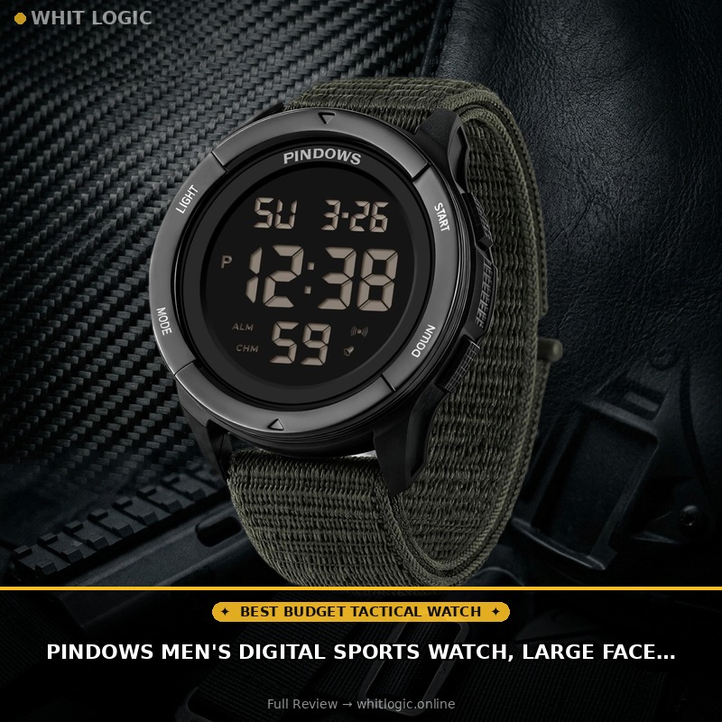 PINDOWS Men's Digital Sports Watch, Large Face Military Tactical Wristwatch for Men, 50M Waterproof, LED Backlight, Alarm, Stopwatch, Rugged Outdoor Watch for Running, Work and Gym