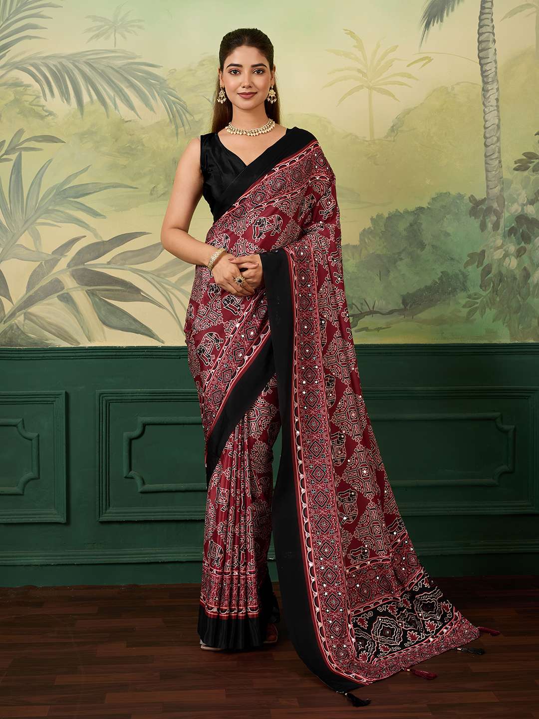 Priya Chinon Silk Saree with Digital Floral Print & Mirror Work