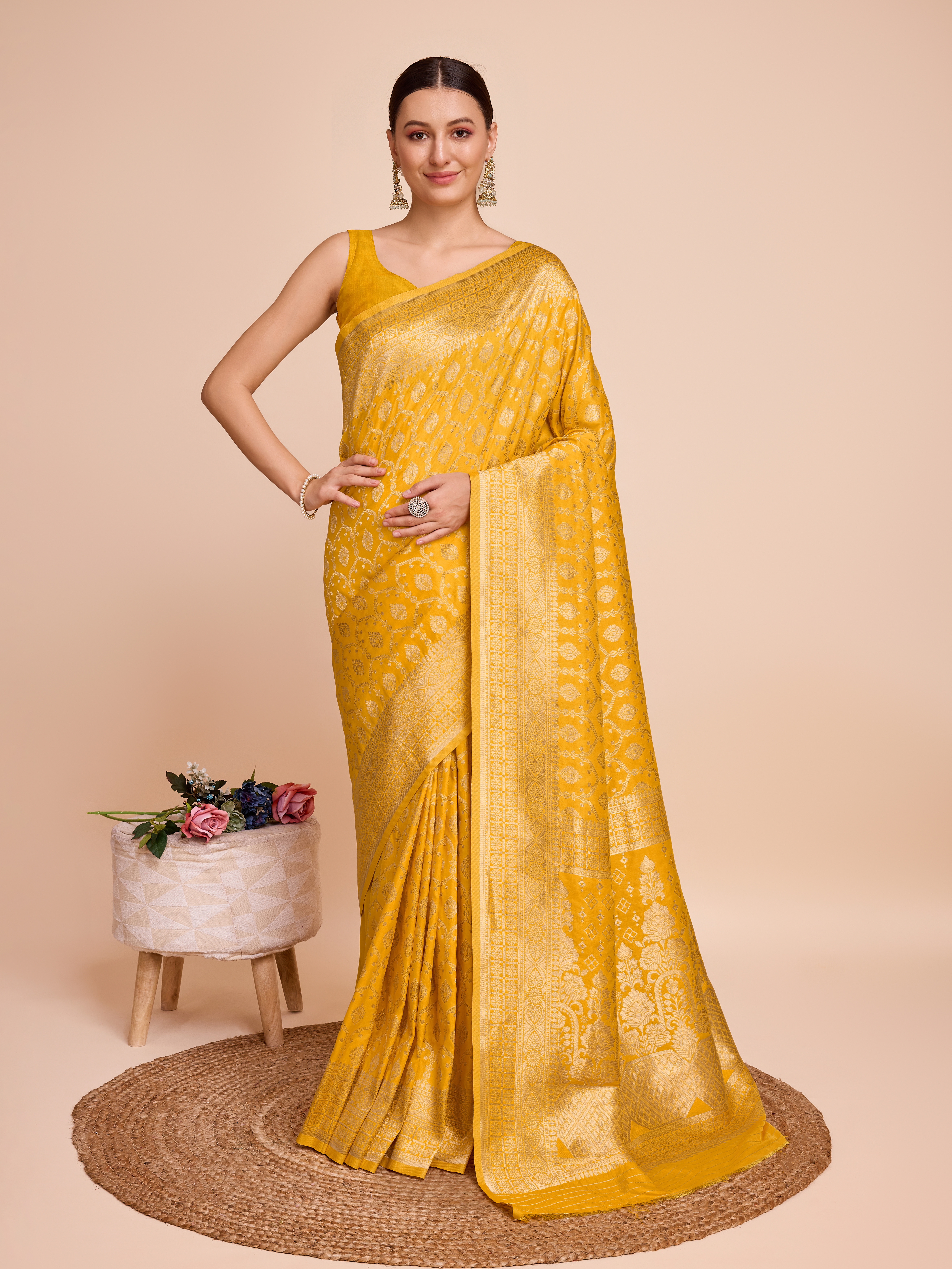 Mustard gold handloom silk saree with golden zari weaving