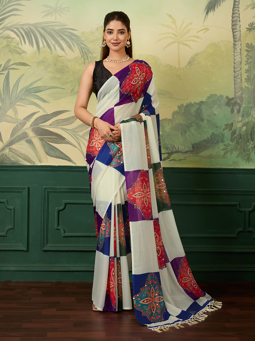 Pooja Star Georgette Silk Saree with Intricate Mirror Work