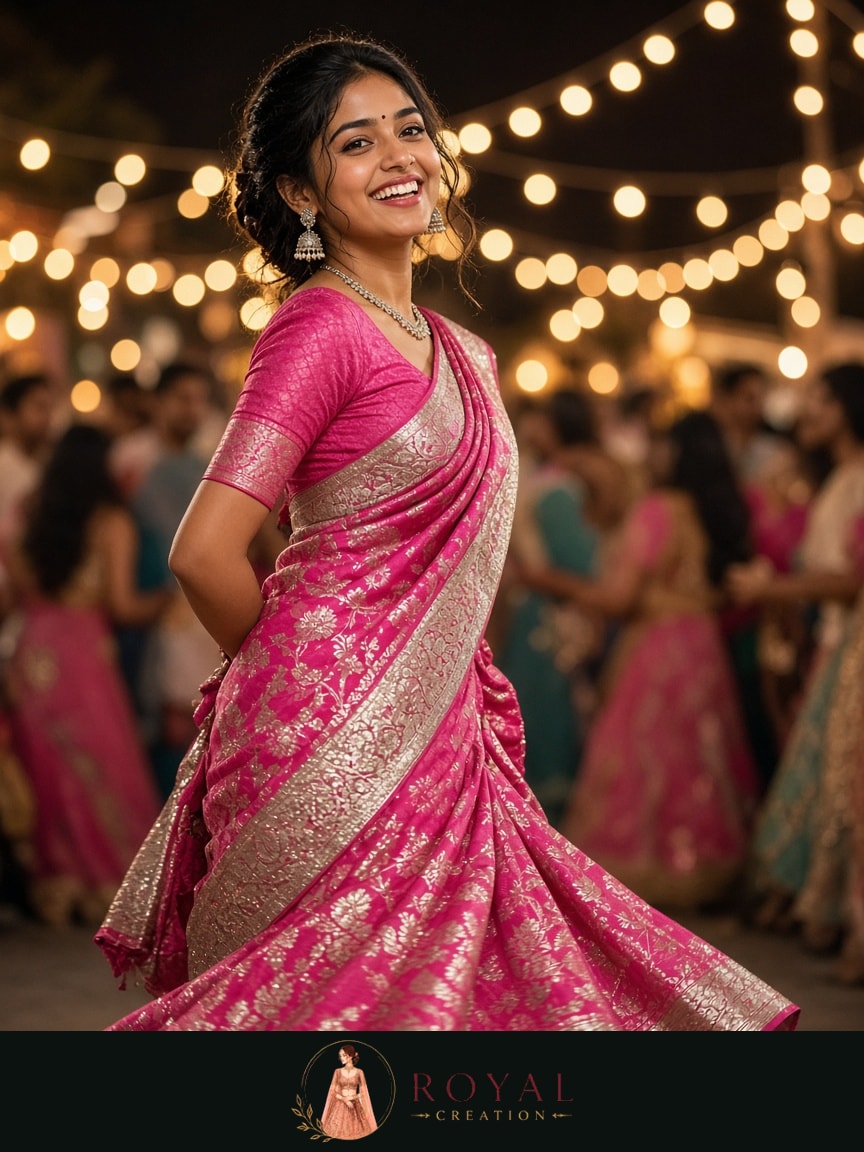 Woman in a rani pink zari saree turning under garba lights at night