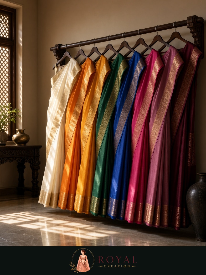Silk sarees in ivory, gold, green, blue, pink, and maroon hanging in an atelier