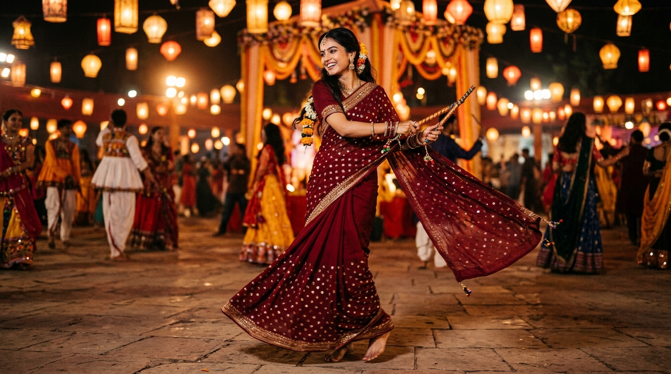 Indian woman gracefully turning with dandiya in a maroon mirror-work saree under evening garba lamps