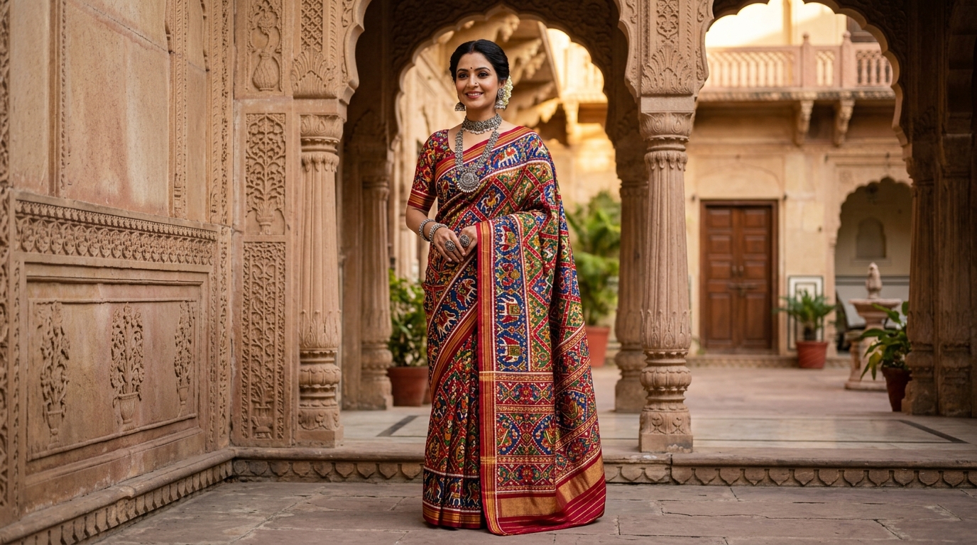 Woman draped in a pure Patola silk saree with contrast double-ikat motifs in a royal haveli courtyard