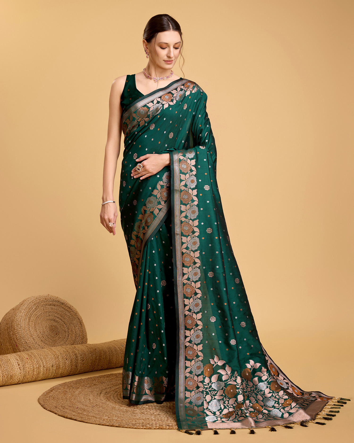 Radhika emerald pure jacquard saree with sona chandi zari jharokha draped in classic seedha pallu style