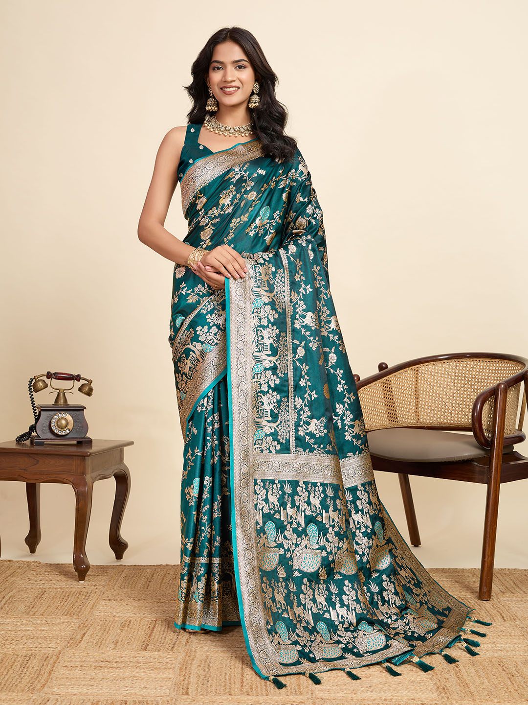 Rajgharana Banarasi silk saree with royal shikargah animal and forest motifs woven in gold zari