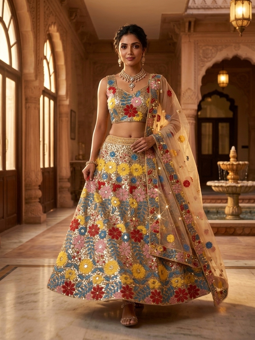 Floral Sequin Embroidered Lehenga Set with Net Dupatta — photo 2