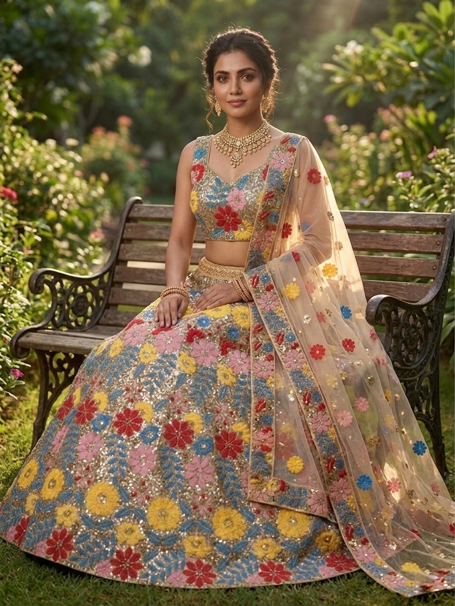 Floral Sequin Embroidered Lehenga Set with Net Dupatta — photo 3