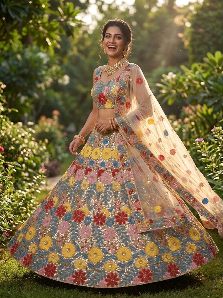 Floral Sequin Embroidered Lehenga Set with Net Dupatta — photo 4
