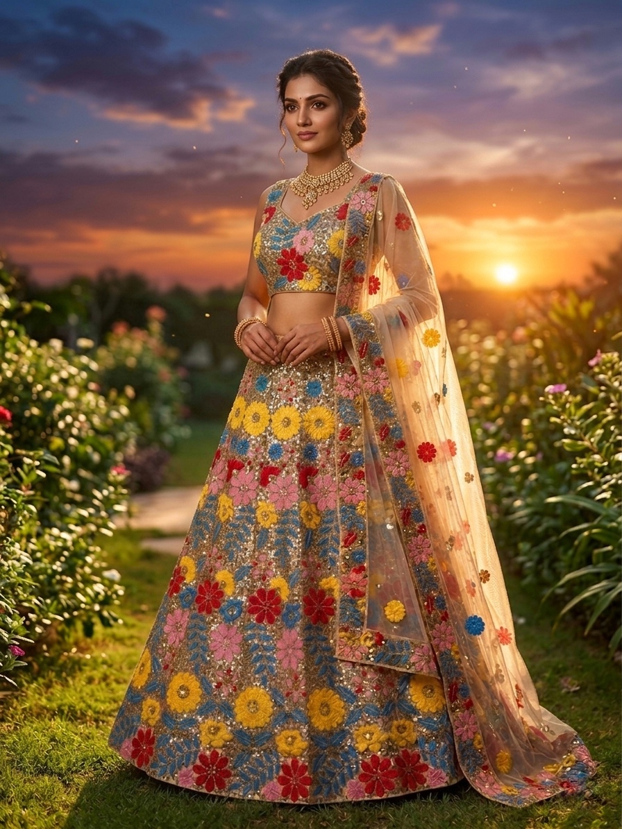 Floral Sequin Embroidered Lehenga Set with Net Dupatta — photo 5