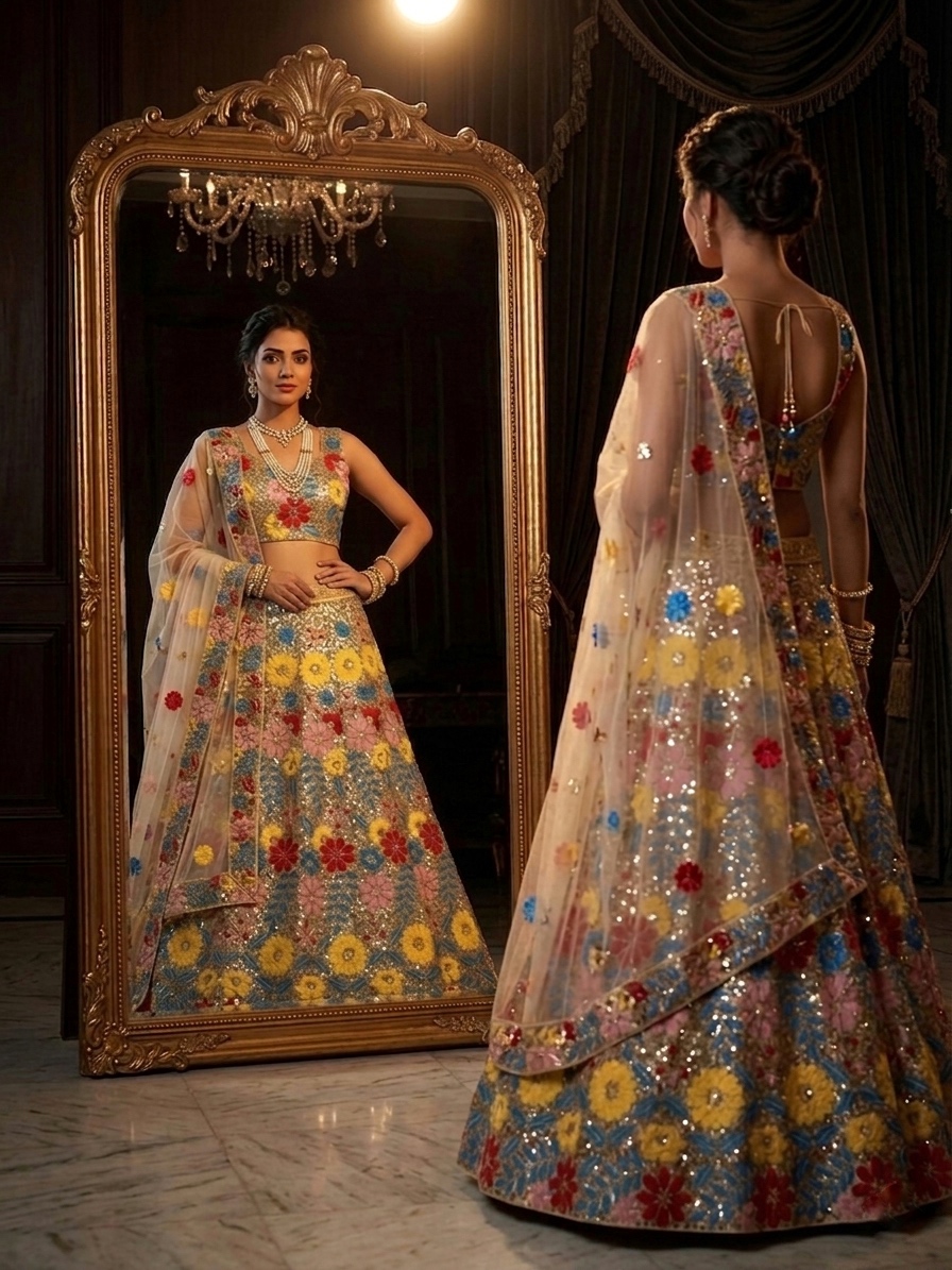 Floral Sequin Embroidered Lehenga Set with Net Dupatta — photo 6