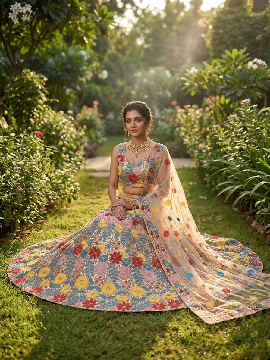 Floral Sequin Embroidered Lehenga Set with Net Dupatta — photo 7