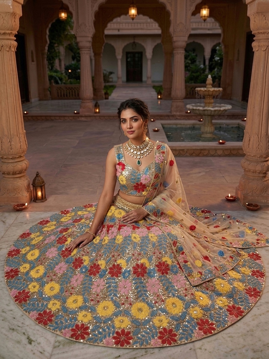 Floral Sequin Embroidered Lehenga Set with Net Dupatta