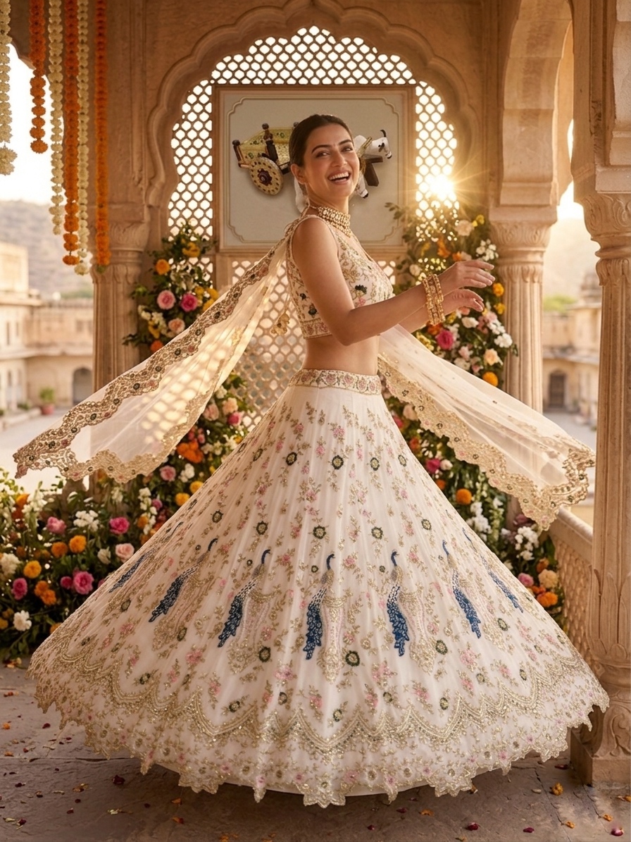 Ivory Multicolor Sequin Embroidered Fox Georgette Flared Lehenga Set
