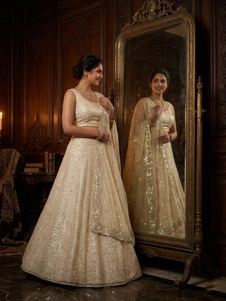 Ivory Organza Silk Lehenga Set with Sequin Embroidery, 3.5 Meter Flare, Semi-Stitched Bridal Wedding Lehenga with Dupatta — photo 2