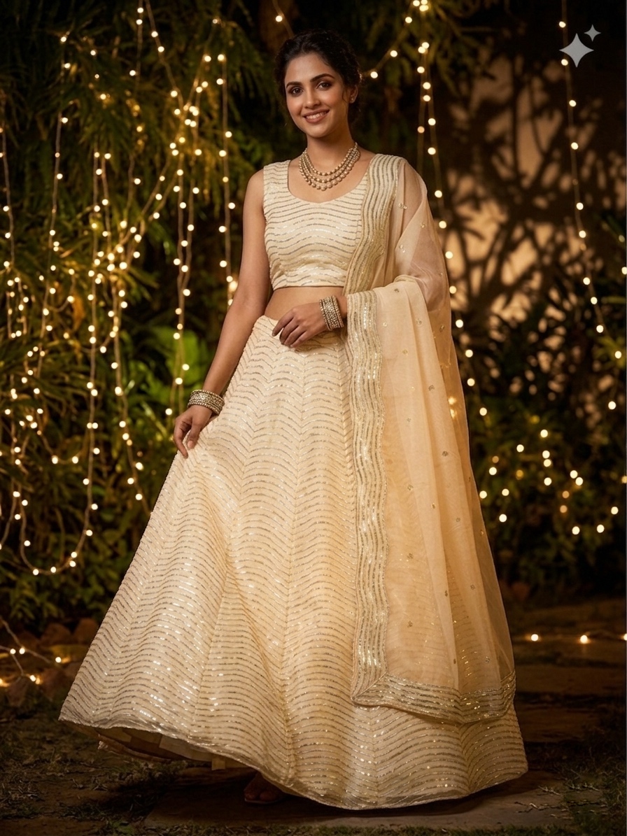 Ivory Organza Silk Lehenga Set with Sequin Embroidery, 3.5 Meter Flare, Semi-Stitched Bridal Wedding Lehenga with Dupatta — photo 3