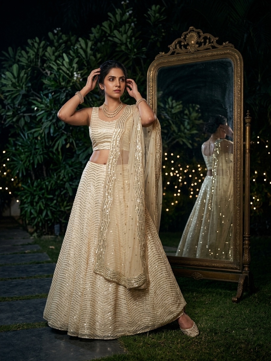 Ivory Organza Silk Lehenga Set with Sequin Embroidery, 3.5 Meter Flare, Semi-Stitched Bridal Wedding Lehenga with Dupatta — photo 4