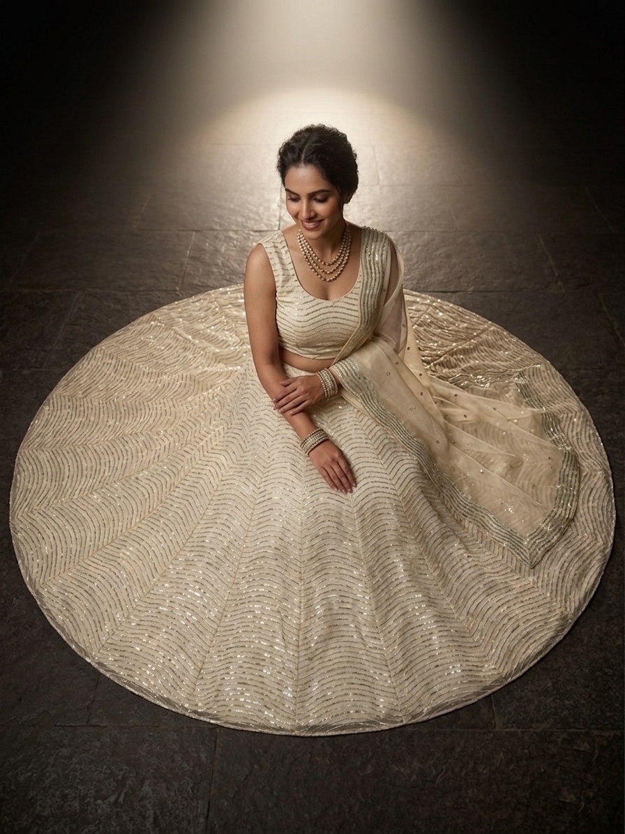 Ivory Organza Silk Lehenga Set with Sequin Embroidery, 3.5 Meter Flare, Semi-Stitched Bridal Wedding Lehenga with Dupatta — photo 5