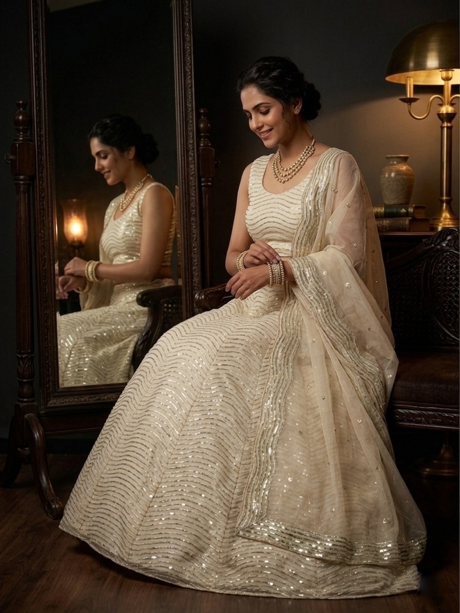 Ivory Organza Silk Lehenga Set with Sequin Embroidery, 3.5 Meter Flare, Semi-Stitched Bridal Wedding Lehenga with Dupatta — photo 6