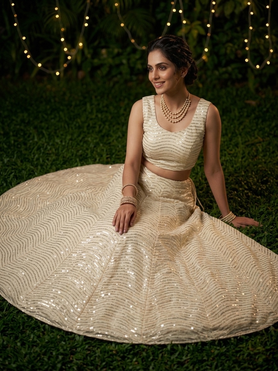 Ivory Organza Silk Lehenga Set with Sequin Embroidery, 3.5 Meter Flare, Semi-Stitched Bridal Wedding Lehenga with Dupatta — photo 7