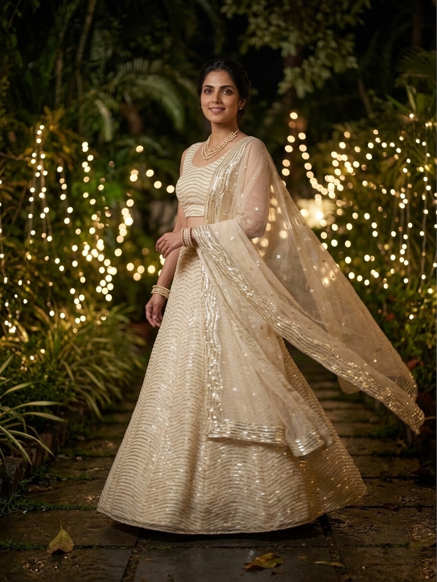 Ivory Organza Silk Lehenga Set with Sequin Embroidery, 3.5 Meter Flare, Semi-Stitched Bridal Wedding Lehenga with Dupatta — photo 8