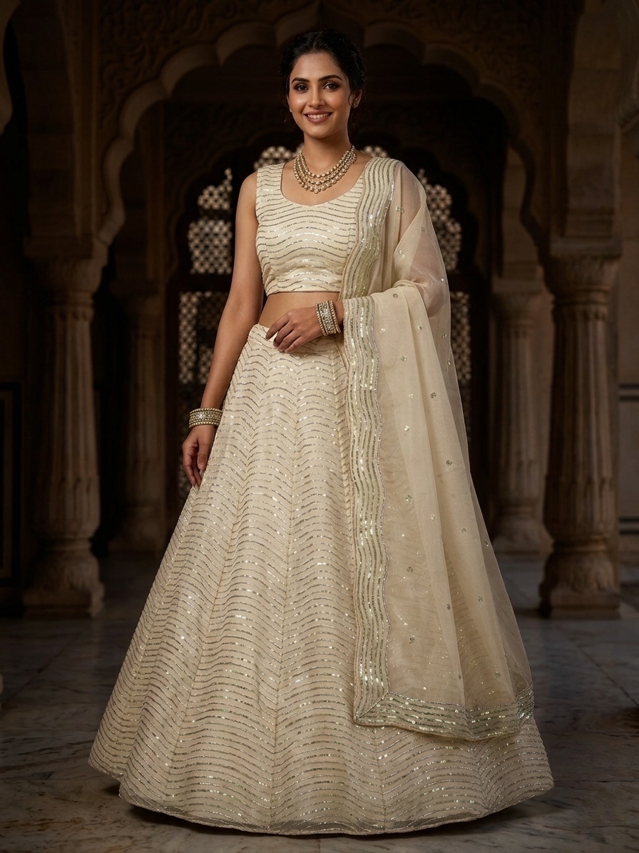 Ivory Organza Silk Lehenga Set with Sequin Embroidery, 3.5 Meter Flare, Semi-Stitched Bridal Wedding Lehenga with Dupatta