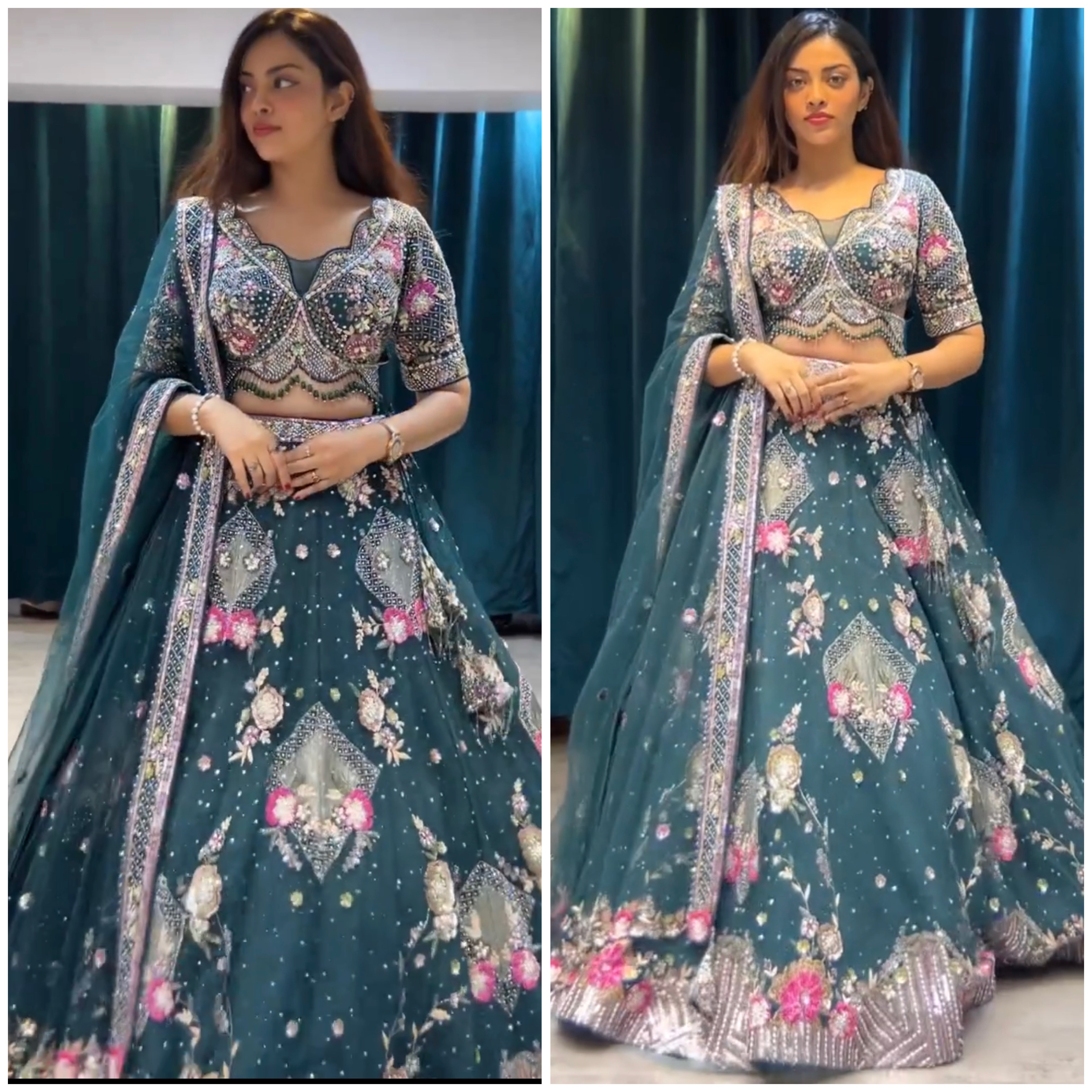 Teal Blue Butterfly Net Sequined Lehenga Set with Embroidered Blouse & Dupatta — photo 2