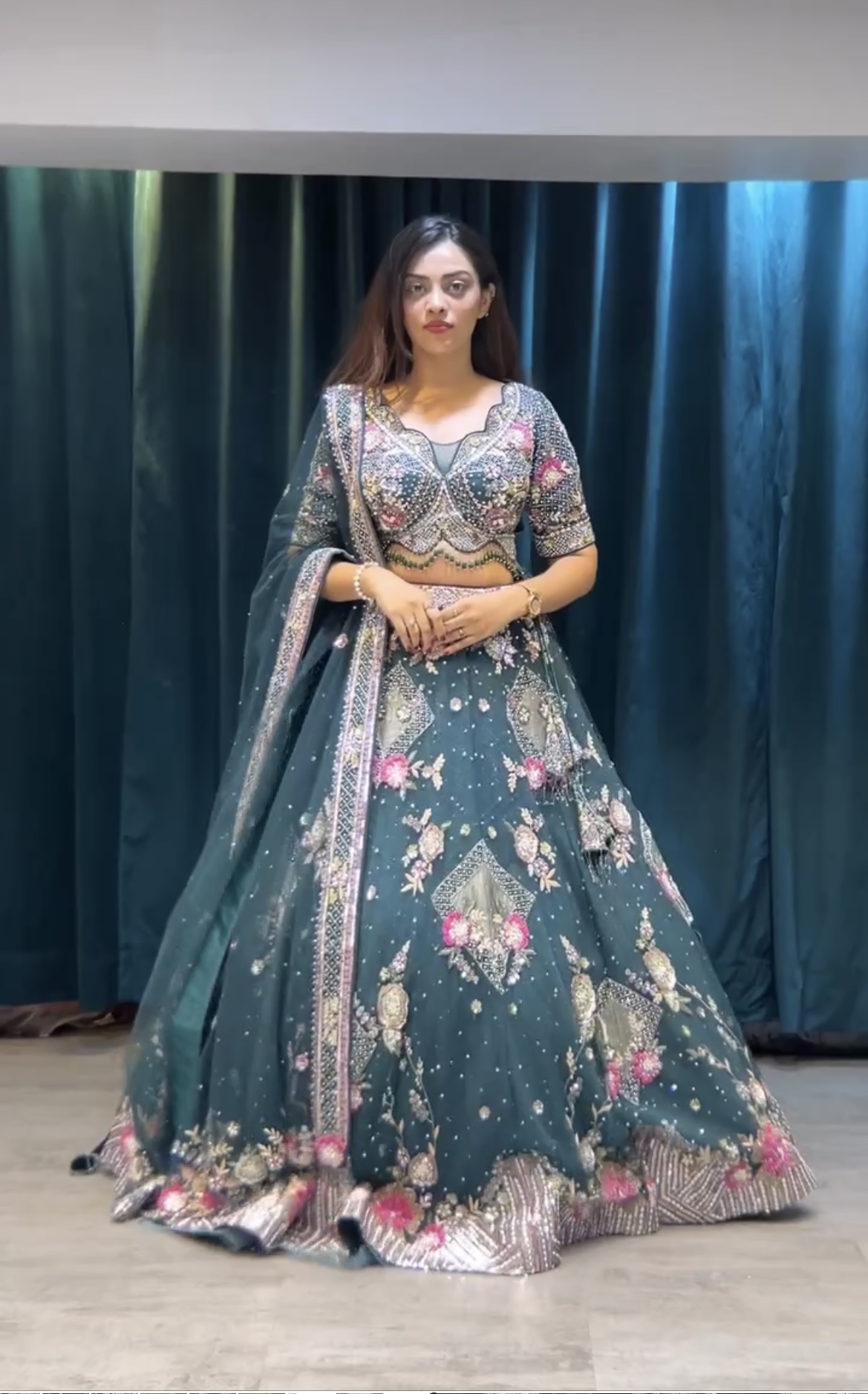 Teal Blue Butterfly Net Sequined Lehenga Set with Embroidered Blouse & Dupatta