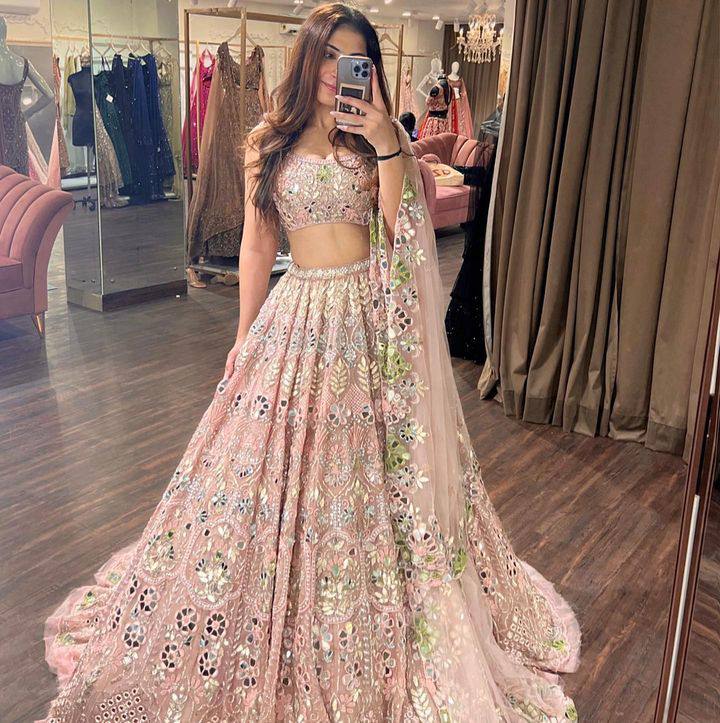 Blush Pink Mirror Embroidered Butterfly Net Lehenga Set with Sequin Work — photo 2