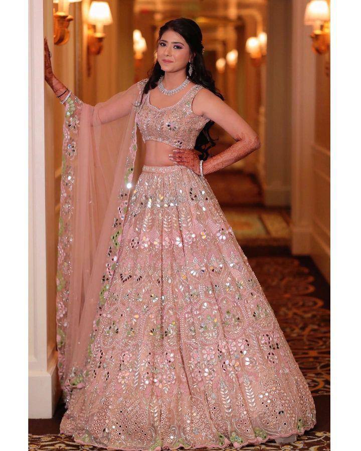 Blush Pink Mirror Embroidered Butterfly Net Lehenga Set with Sequin Work — photo 3