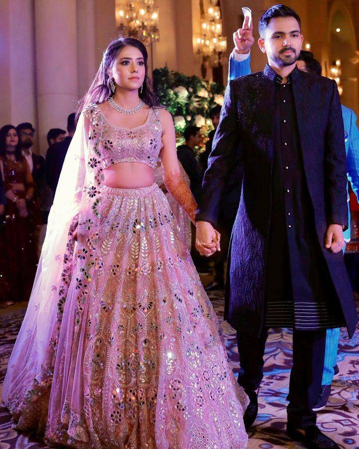 Blush Pink Mirror Embroidered Butterfly Net Lehenga Set with Sequin Work — photo 5