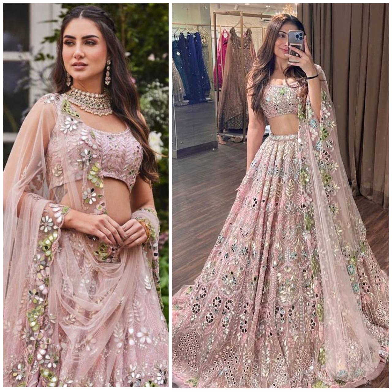 Blush Pink Mirror Embroidered Butterfly Net Lehenga Set with Sequin Work — photo 6