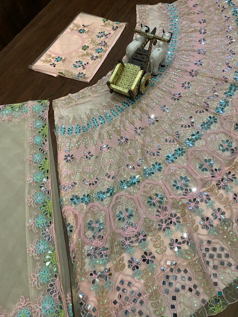 Blush Pink Mirror Embroidered Butterfly Net Lehenga Set with Sequin Work — photo 7
