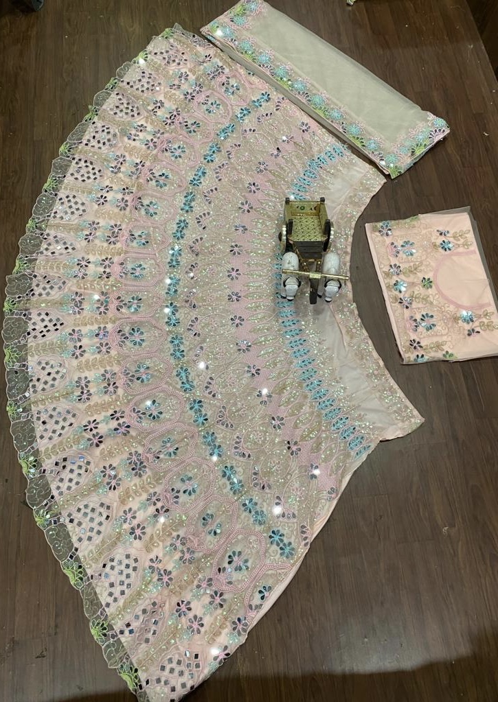 Blush Pink Mirror Embroidered Butterfly Net Lehenga Set with Sequin Work — photo 10