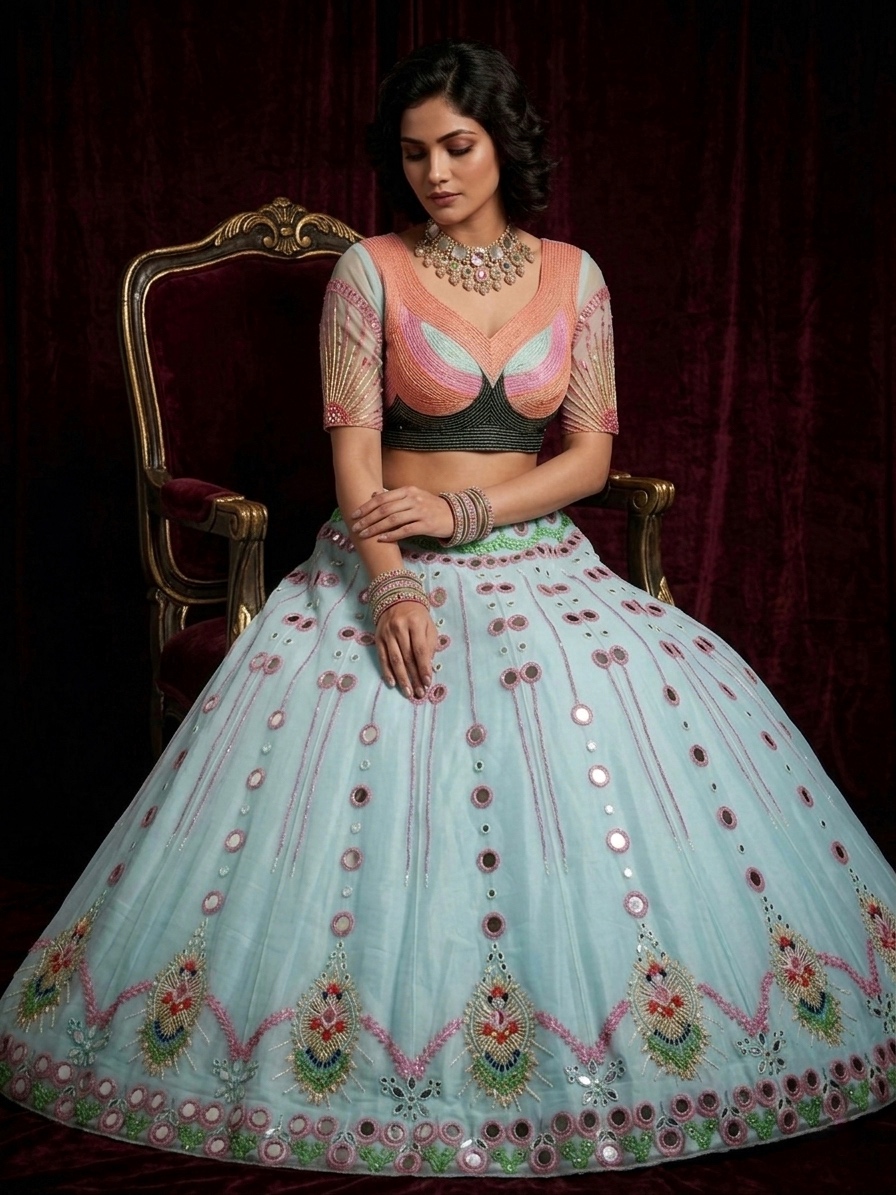 Mint Blue Mirror Work Lehenga Set | Pearl Sequin Embroidered Wedding Lehenga — photo 2