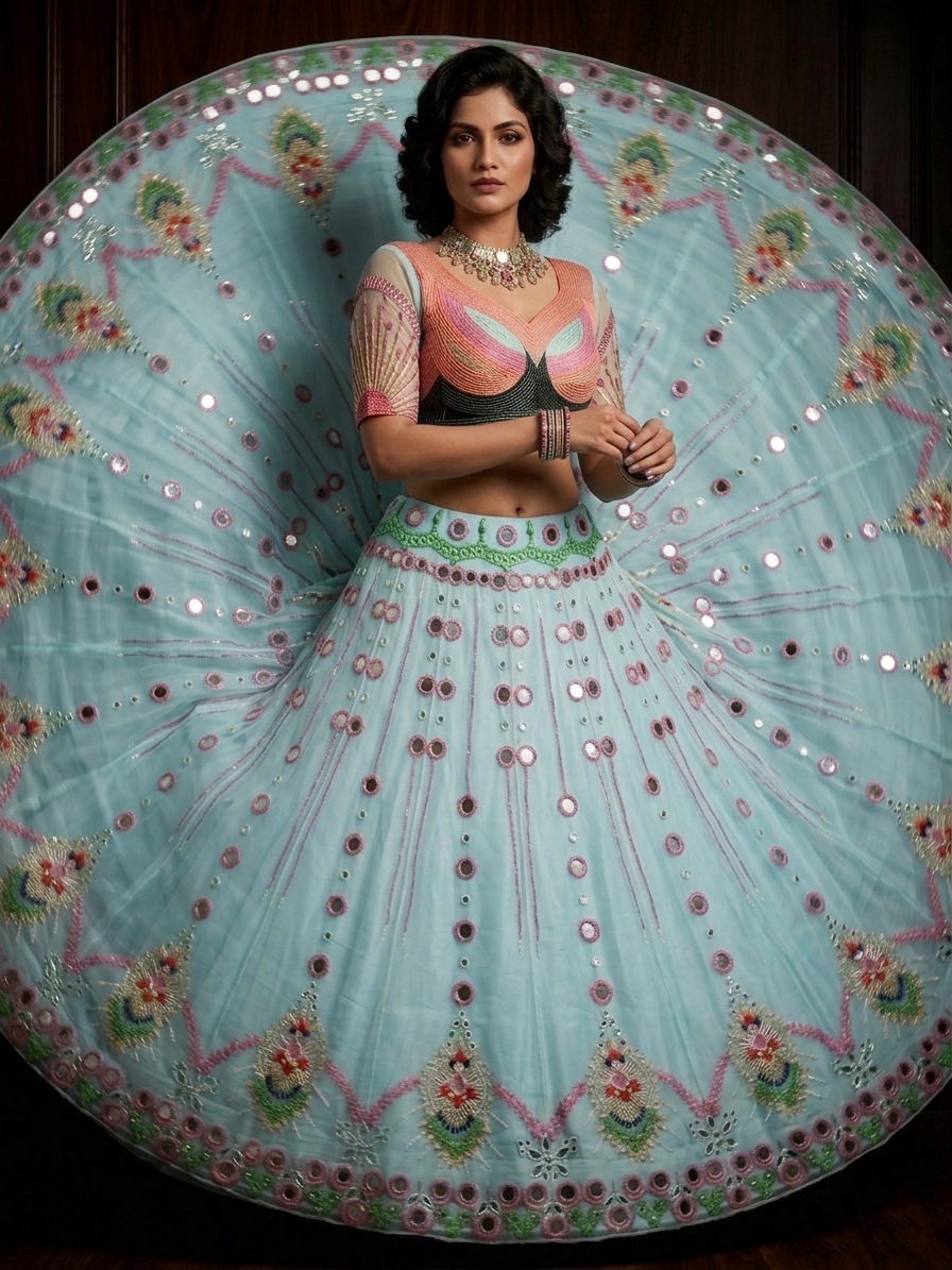 Mint Blue Mirror Work Lehenga Set | Pearl Sequin Embroidered Wedding Lehenga — photo 3