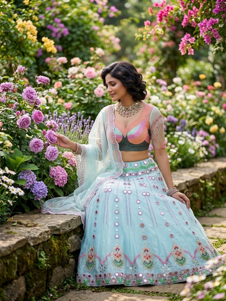 Mint Blue Mirror Work Lehenga Set | Pearl Sequin Embroidered Wedding Lehenga — photo 4