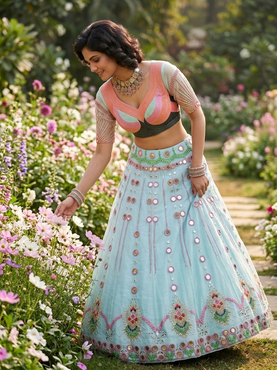 Mint Blue Mirror Work Lehenga Set | Pearl Sequin Embroidered Wedding Lehenga — photo 6