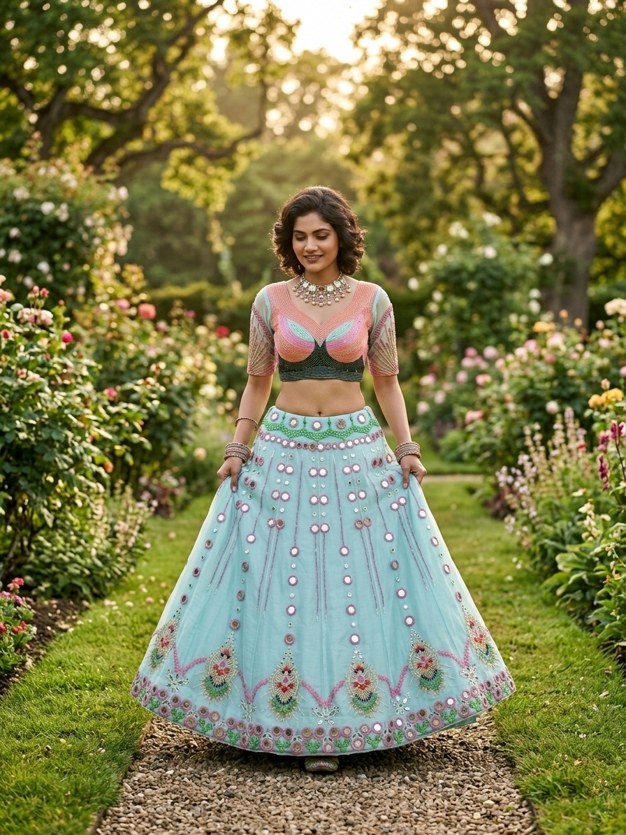 Mint Blue Mirror Work Lehenga Set | Pearl Sequin Embroidered Wedding Lehenga — photo 7