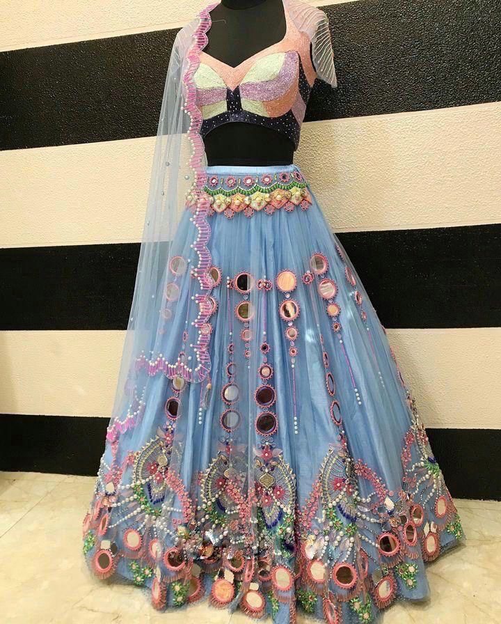 Mint Blue Mirror Work Lehenga Set | Pearl Sequin Embroidered Wedding Lehenga — photo 8