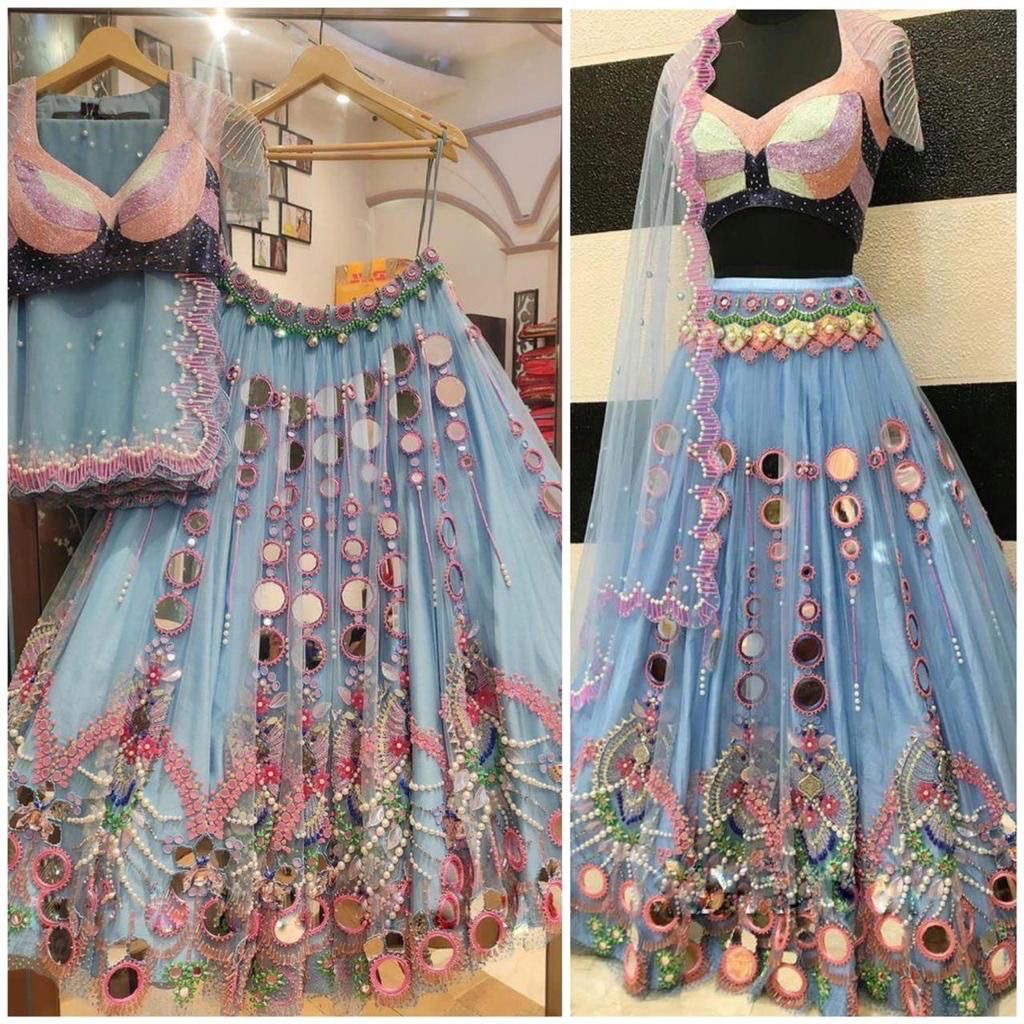 Mint Blue Mirror Work Lehenga Set | Pearl Sequin Embroidered Wedding Lehenga — photo 9